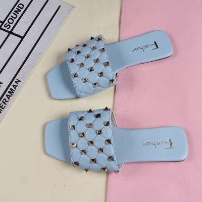 China Cushioning New Casual Flip Flops Shape Square Toe Nail Slippers Red Flat Open Toe Sandals For Women for sale