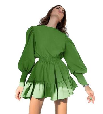 China Autumn Tailored Green Anti-Static Mini Satin Dresses Maxi Chiffon Loose Dress Casual Long Collar Women Clothing Lantern Sleeve for sale