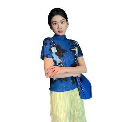 China Breathable Factory Wholesale Pleated Highlight Blue Temperament Female Summer Style Wear Short Sleeves for sale