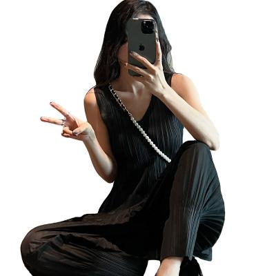 China Other Popular Handsome Style Black Color Perspective Pleated Clothes Sleeveless Jumpsuit for sale