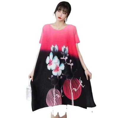 China 2022 new fashion women's wholesale breathable short sleeve casual miyake pleated printed dress for sale