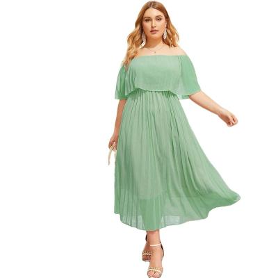 China Large Plus Size Pleat Dresses Off The Shoulder Wrinkle Design Solid Color Double Layer Chiffon Pleated Long Dress For Plump Women for sale