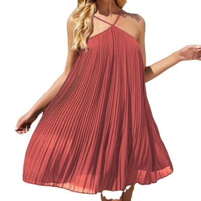 China Hot Pleated Lady Fold Backless Beach Mini Dress Kawayi Solid Chiffon Summer Dress for sale