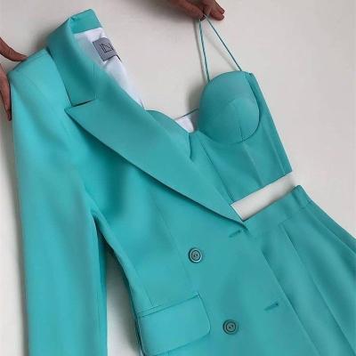 China Anti-pilling Latest Fashion Solid Color Blazer Set For Women 3 Piece Set Office Equipment Office Suits Double Breasted Set For Women for sale