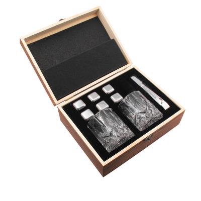 China Special Interest Viable Whiskey Fridge Stone Glass Gift Set Reusable Ice Cube With Wooden Holder For Man for sale