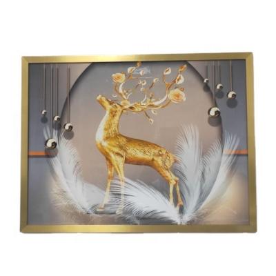 China High Resolution Printing Hot Selling Customized High Quality Paintings Framed Sofa Crystal Porcelain Metal Feather Deer Triple Deer Bedroom Decorative Paintings for sale