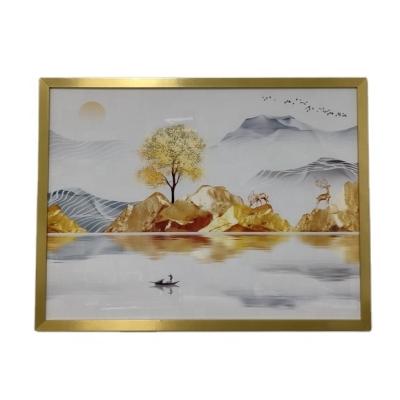 China High Resolution Printing Hot Selling Customized Paintings High Quality View Bedroom Sofa Crystal Porcelain Gold Foil Triple Decorative Landscape Paintings for sale