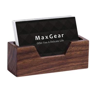 China MaxGear Wooden Trapezium Open Display for Office Desk Table Rectangle with Design Open Walnut Wooden Business Card Holder Stand for sale