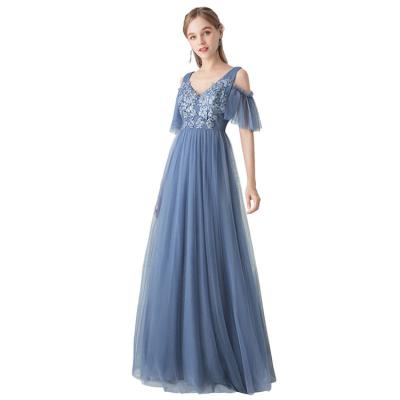 China Wholesale Cheap Anti Wrinkle V Neck Off The Shoulder Floor Length Veil Blue Elegant Prom Dress Long for sale