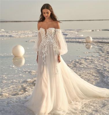 China Latest Design Anti-Static Field Train White Tulle Cinderella Elegant Wedding Dress Off-The-Shoulder Long Sleeve for sale