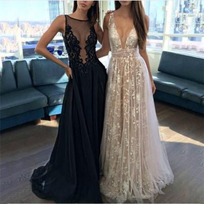 China 2020 Wholesale Embroidery V-Neckline Anti-static Backless Black Deep V-Neck Bride Wedding Dresses for sale