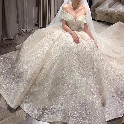 China New Design Elegant Anti-Static Court Ball Gown Luxury Bridal Wedding Dresses Heavy Off-Shoulder Anti-Static Beaded Tail for sale