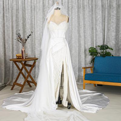 China Anti-Static Anti-Static Spaghetti Strap High Court Train Split White Lace Bride Wedding Dress With Veil for sale