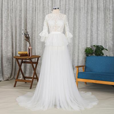 China Latest Design Antistatic High Neck Lace Up Tulle Wedding Dress Wholesale Wedding Dress With Long Sleeves for sale