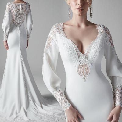 China Wholesale Anti-Static Anti-static Mermaid Lace Long Sleeve White Wedding Dress With Court Train for sale