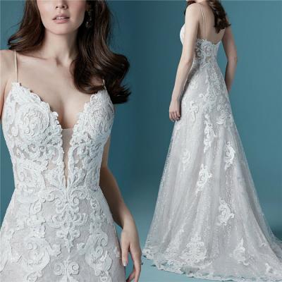 China Vintage White Wedding Dress Embroidery Design Anti-Static Anti-Static Popular Lace Wedding Dress With Court Train for sale