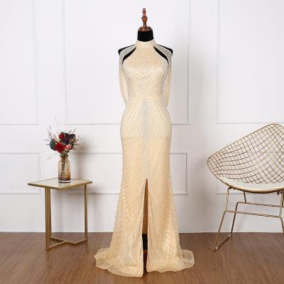 China Real Image Anti-Static Anti-Static Split Halter Sleeveless Beaded Prom Dresses Mermaid For Women With Net Cape for sale