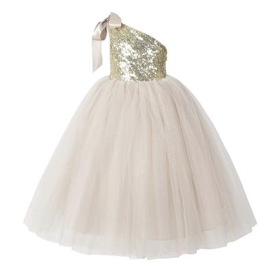 China 2020 Newest Design Child's Birthday Sleeveless Cheap Sequins Beading Yellow Tulle One-shoulder Bridesmaid Dress For Girls for sale