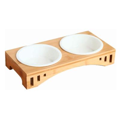 China Premium Automatic Pet Elevated Bowls, Cat Feeder Solid Bamboo Ceramic Food Bowl Elevated Feeding Cats Puppy Dog Stand for sale