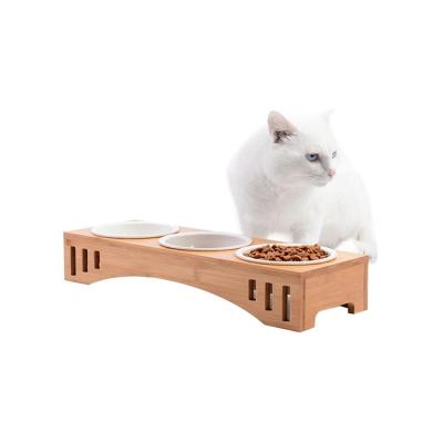 China Pet Cat Dog Food Drinking Water Automatic Double Rolls Bamboo Wooden Dog Cat Pet Feeder Stand for sale