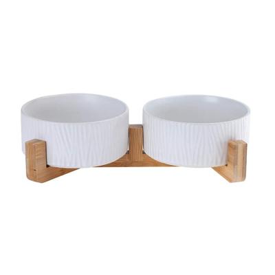 China OEM Custom Traditional Wooden Pet Feeder Double Bowl Raised Stand With 2 Stainless Steel Bowls for sale