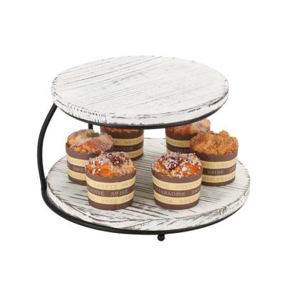 China Hotel home restaurant wooden two tier tray with metal handles, kitchen decoration cupcake stand for sale