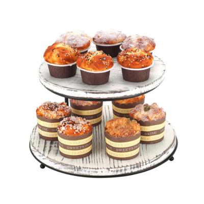 China Home Hotel Restaurant Whitewashed Wooden 2-Tier Cupcake And Cake Stand Deck Trays And Black Metal for sale