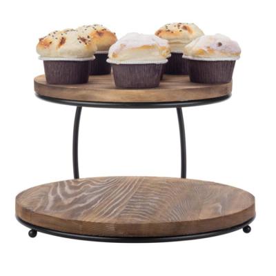 China New Home Hotel Restaurant Amazon Best Seller 2-Tier Pizza Stand/Cupcake Display Stand With Black Burned Metal Frame Wooden Deck Trays for sale