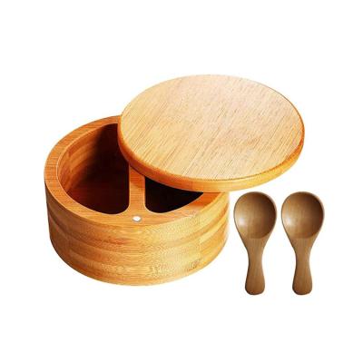 China Wholesale Disposable Natural Antique 2 Tier Round Wooden Revolving Tea Spice Salt Seasoning Storage Box With Magnetic Swivel Cover for sale