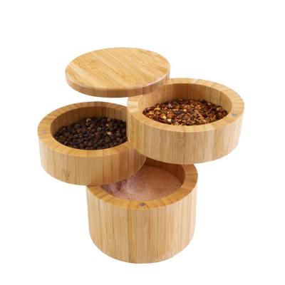 China Disposable Totally Bamboo Triple Salt Box, Three Tier Bamboo Storage Box With Magnetic Swivel Lids for sale