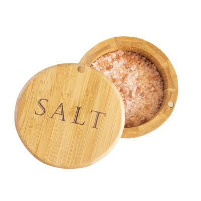 China Custom Logo Round Spices Storage Container Disposable Natural Wooden Spice Jar Organic Bamboo Salt Box With Magnet Swivel Lid for sale