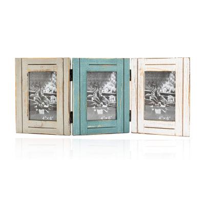 China Rustic Triple Picture Frame Picture Frame 3 Folding 4x6 Hinged Triple Distressed Photo Frame For Home Office Office for sale