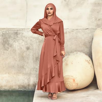 China Long Abaya Dress 3008 Solid Color Satin Abaya Dress 3008 Irregular Ruffled Ruffled Satin Muslim Abaya Islamic Clothing Women Lace Up Abaya for sale