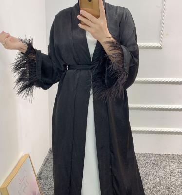 China Open Abaya With Belt 3005 Dubai Design Abaya 2021 Lace Robe Kimono Hairy Abaya Dubai New for sale