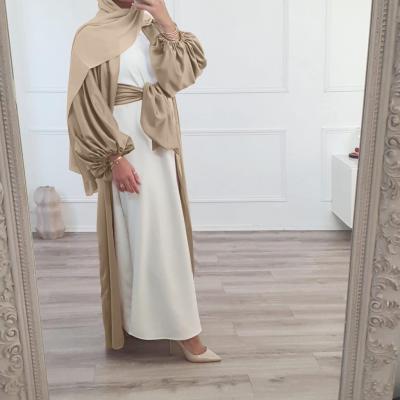 China Open Abaya With Belt 3006 Open Abaya Summer Long Puff Sleeve Kimono Elegant Robe In Dubai Abaya Muslim Kimono for sale