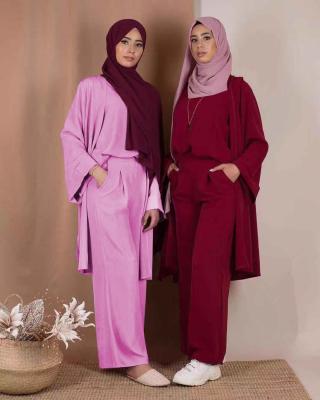 China 3131 Polyester kuwii Turkey Three Piece Set Top And Pants Women Muslim Abaya Dress Islamic Clothing for sale