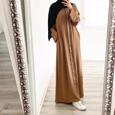 China Polyester-cotton blended+pearl craft 3011 Muslim abaya designs Middle East kuwii patchwork trim long dress sequin dress women clothing sequined abaya muslim dress latest for sale