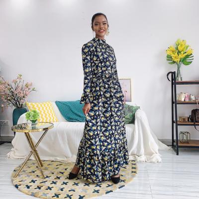 China Print hot sale Dubai Turkey Abaya kuwii 3084 polyester floral muslim print flared sleeves maxi dress muslim abaya for sale