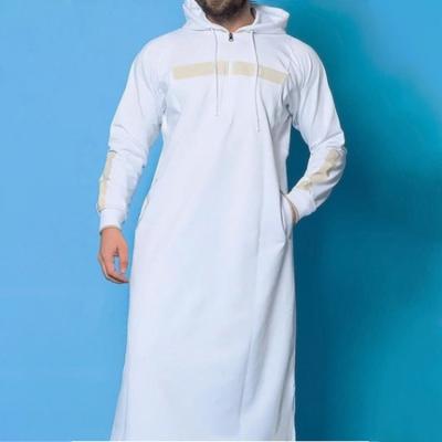 China Polyester 9009 islamic thobe men new kuwii hoodie long style thobe daffah hoodie off white arabic thobe hoodie for sale