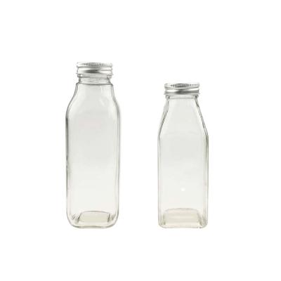 China ECO Factory Wholesale French Square Soda 400ml Drinking Glass Beverage Bottle With Metal Lid for sale