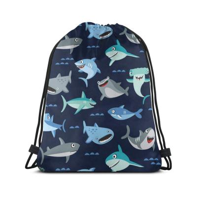 China 100% Eco-friendly Hot Cheap Drawstring Bag Personality Design Cartoon Sharks Hiking Outlet Sports Drawstring Backpacks for sale