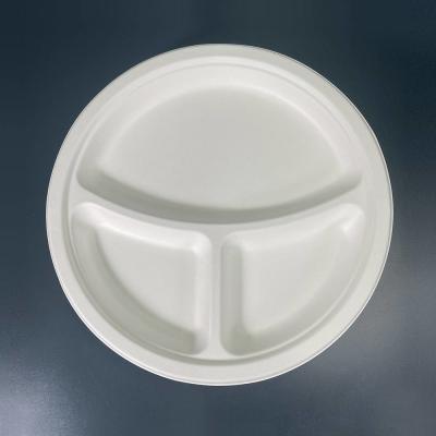 China White 3 Compartment Bagasse Tray Original Color Dinner Sugarcane Bagasse Pulp 10 Inch Round Plates for sale