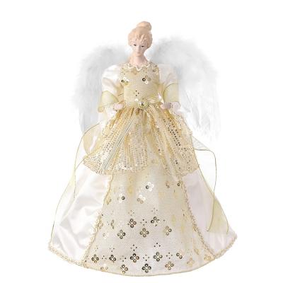 China Fabric+Resin SOTE A01 40CM Resin Christmas Angel Tree Topper With White Feather Wings Gold Glitter Christmas Tree Angel for sale