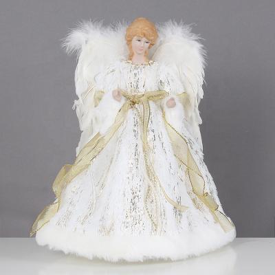 China Fabric+Ceramic SOTE 12 inch Custom Soft Fabric Angel Tree Topper Christmas Decoration White Champagne Gold Ribbon Christmas Angel Doll 30CM for sale