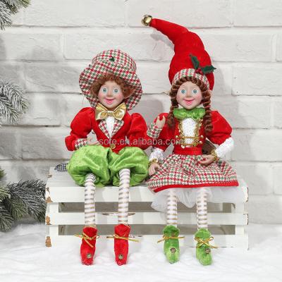 China SOTE ST001AB Sitting Fabric Boy and Girl Elves Christmas Tree Toppers Hanging Red Plaid Christmas Elf Doll for sale