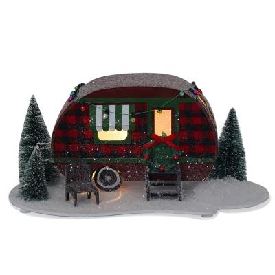 China 100% SOTE F22 Paper Bus Shape Christmasvillage House Christmas Decorations Red Plaid Christmasvillagehouses for sale