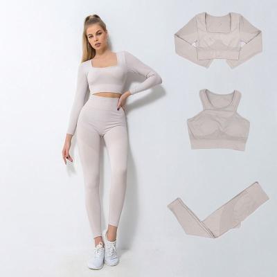 China 2021 New Women Breathable High Quality Yoga Bra And DNA Top Leggings 3 Pcs Yoga Fitness Seamless Sets for sale