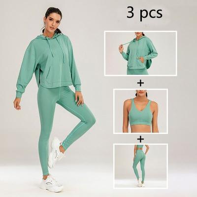 China Women Breathable Top And Bra Panty 3 Piece Set Hoodies Tops Long Sleeve Running Tracksuit Set Plus Size XL for sale