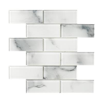 China Modern Luxury Giclee Printing Calacatta Bathroom Kitchen Underground Digital Printing Glass Mosaic 3d Underground Glass Metro Tile for sale