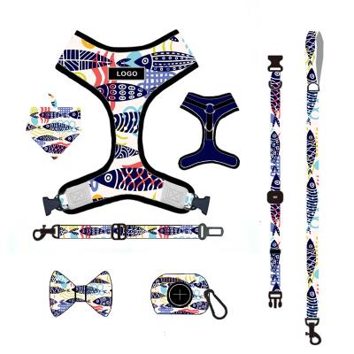 China Hot-selling Personalized 2021 New Style Pet Harness Leash Set Printing Customizable Polyester Pet Collar And Bandana Sets for sale